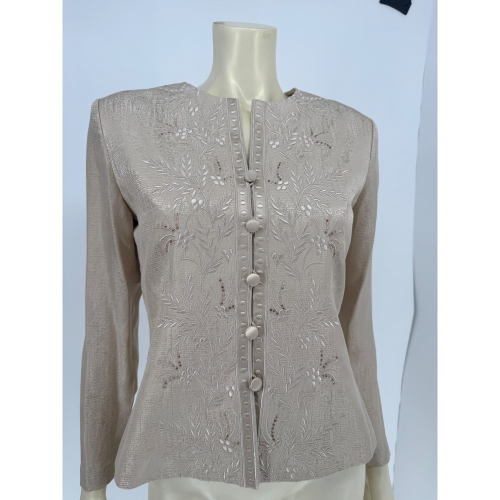Vintage Adrianna Papell‎ Silk Embroidered Blouse Champagne Bold Shoulder 8 Mint